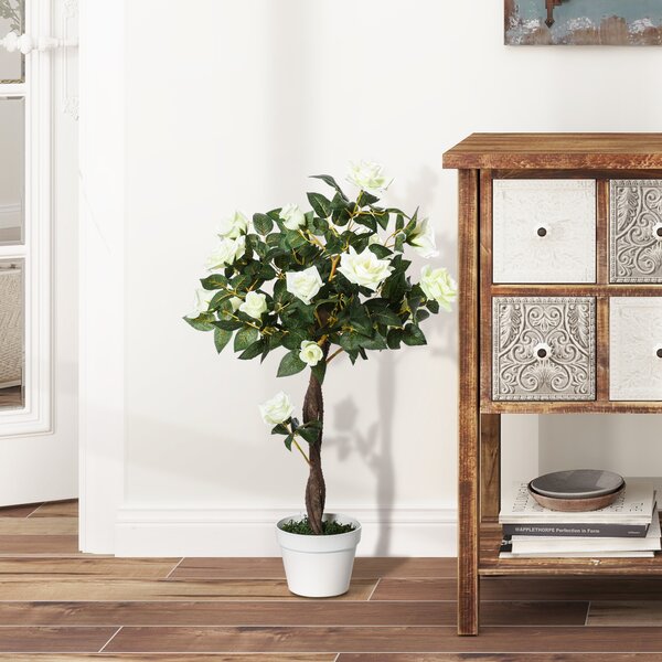Outsunny Camelia Alberello Artificiale con 21 Fiori e Vaso, Pianta Finta Interno ed Esterno Alta 90cm, Bianco e Verde|Aosom