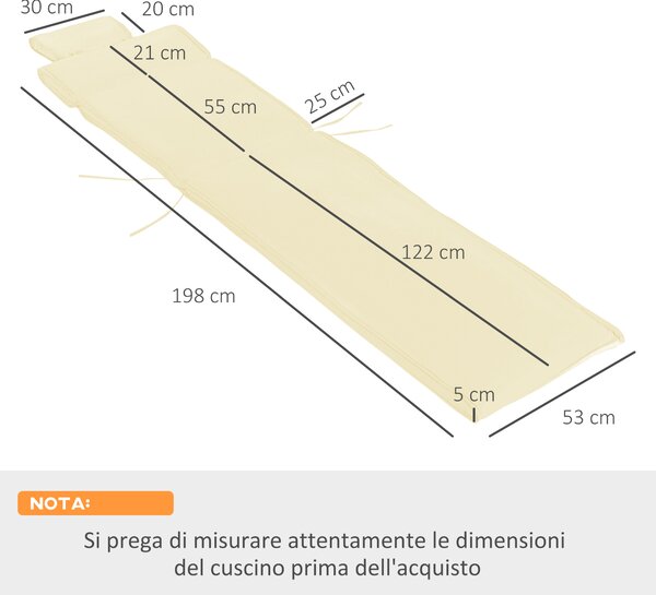 Outsunny Cuscino per Sdraio Lettino Prendisole da Giardino 198x53x5cm Bianco Crema|Aosom