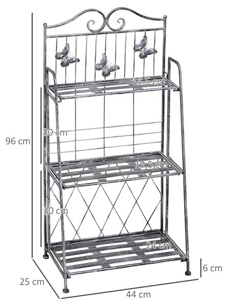 Scaffale Fioriera 3 Ripiani Pieghevole da Giardino Balcone, Metallo, Argento, 44x25x96 cm|Aosom