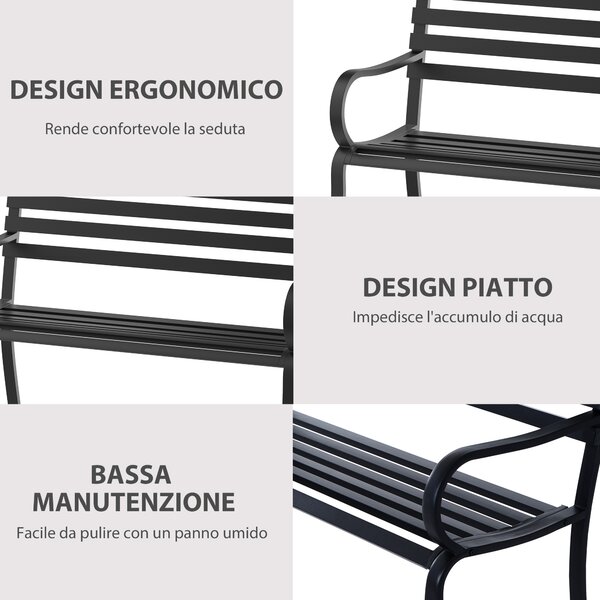 Outsunny Panca da giardino sedia da giardino in metallo 2 posti impermeabile nero 127 x 62 x 82 cm|Aosom