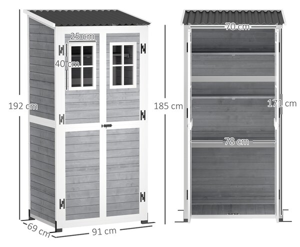 Outsunny Casetta da Giardino in Legno con Ripiani Regolabili, Due Porte con Blocco e Finestre, Grigio