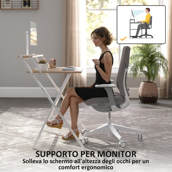 HOMCOM Scrivania Pieghevole con Ripiano per Monitor, 81.5x62x86.5 cm, Legno e Bianco | Aosom Italy