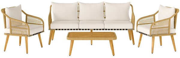 Set da Giardino 4 Pezzi con Divano 2 Poltrone e Tavolino Basso in Rattan Bianco Crema