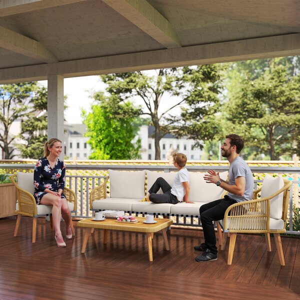 Set da Giardino 4 Pezzi con Divano 2 Poltrone e Tavolino Basso in Rattan Bianco Crema