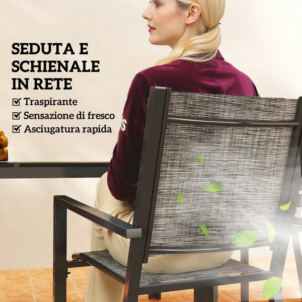 Outsunny Set 7 Pezzi con Tavolo Rettangolare e 6 Sedie Impilabili Traspiranti in Acciaio per Giardino e Esterno, Grigio e Nero | Aosom Italy