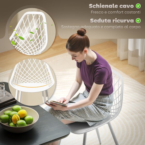 HOMCOM Set 4 Sedie Moderne da Pranzo con Schienale Traforato in Plastica e Gambe in Metallo, per Cucina e Soggiorno, Bianco|Aosom Italy