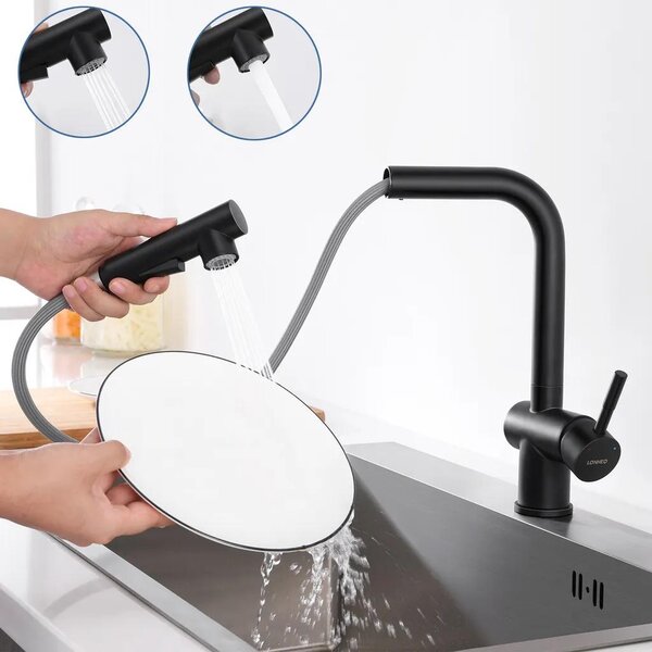 Miscelatore da cucina nero, estraibile, con doccetta, girevole a 360°, per lavello, forma a L, acciaio inossidabile 304, miscelatore monocomando, nero