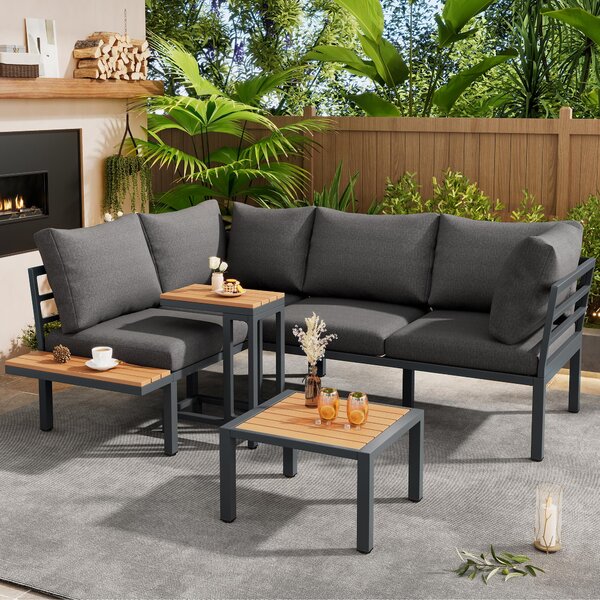 Set di mobili da giardino, divano + tavolino + tavolino da salotto (utilizzabile come poggiapiedi), tubi in acciaio zincato e piano in finto legno, grigio/nero