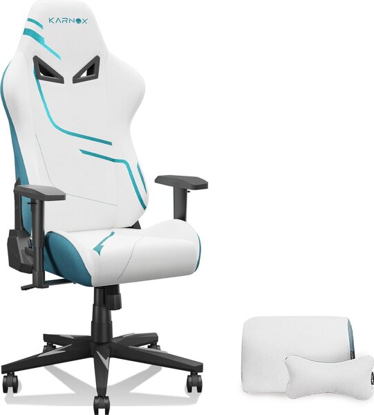 Sedia da gaming ergonomica, rivestita in tessuto, con schienale alto, poggiatesta regolabile in altezza e supporto lombare, colore bianco e blu