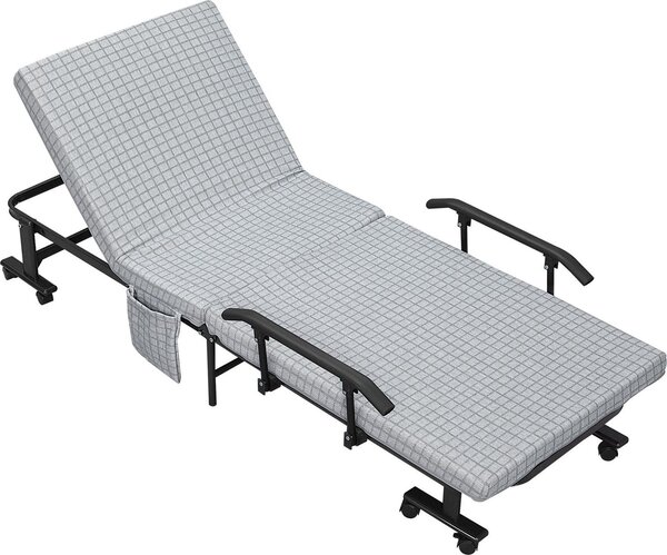 Letto per ospiti pieghevole con ruote, poltrona, schienale regolabile a 5 livelli, lettino da viaggio, struttura in acciaio, grigio chiaro + nero, 190x76x33 cm