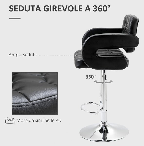 HOMCOM Sgabello da Bar Alto con Schienale e Braccioli, Girevole con Altezza Regolabile e Poggiapiedi, Finta Pelle Nera
