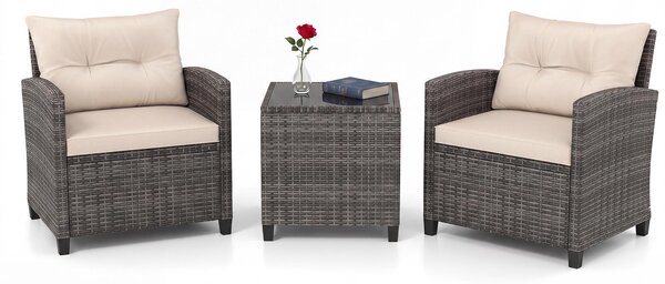 Set di mobili da giardino in rattan KOMFOTTEU, set di mobili da lounge per esterni con 2 poltrone, 1 tavolino, cuscini per seduta e schienale, mobili per balconi piccoli, mobili da lounge per giardino, mobili per terrazza per 2 persone