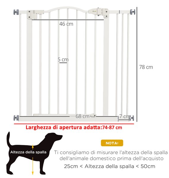 PawHut Cancelletto per Cani Estensibile con 2 Blocchi e Chiusura Automatica, in Metallo e Plastica, 74-87x78 cm, Bianco
