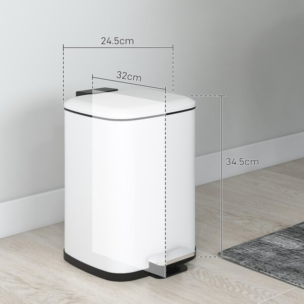 HOMCOM Bidone Immondizia da 12L a Pedale con Chiusura Silenziosa, in Metallo e PP, 24.5x32x34.5 cm, Bianco