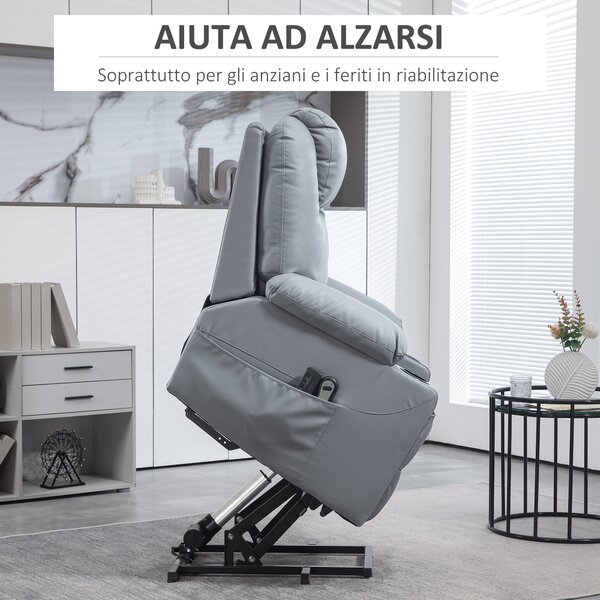 HOMCOM Poltrona Alzapersona Reclinabile fino a 135° con 8 Punti Massaggio, Telecomando e Poggiapiedi, 88x99x106 cm, Grigio