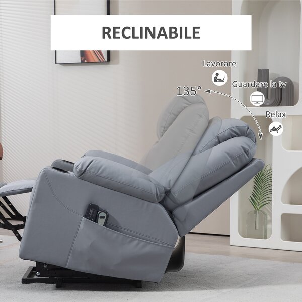 HOMCOM Poltrona Alzapersona Reclinabile fino a 135° con 8 Punti Massaggio, Telecomando e Poggiapiedi, 88x99x106 cm, Grigio