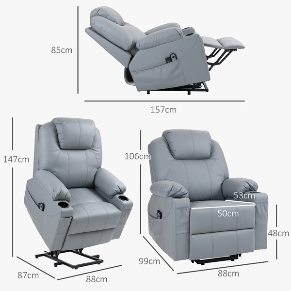 HOMCOM Poltrona Alzapersona Reclinabile fino a 135° con 8 Punti Massaggio, Telecomando e Poggiapiedi, 88x99x106 cm, Grigio