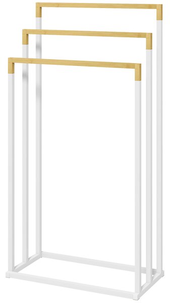 Kleankin Portasciugamani Autoportante a 3 Sbarre in Bambù e Acciaio, 45x22.5x86 cm, Bianco e Color Legno