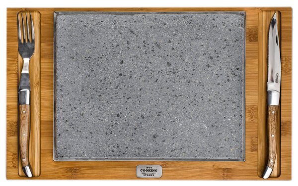 Pietra Lavica 19x26 cm con Posate e Supporto in Legno di Bamboo Supreme