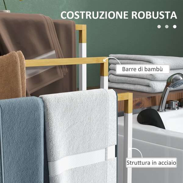 Kleankin Portasciugamani Autoportante a 3 Sbarre in Bambù e Acciaio, 45x22.5x86 cm, Bianco e Color Legno|Aosom
