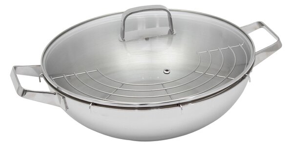 Wok Padella Ø32 cm in Acciaio Inox Antiaderente Induzione con Coperchio e Griglia Collection
