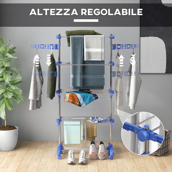 HOMCOM Stendino Verticale con 4 Ripiani Regolabili, in Acciaio e Plastica, 142x55x172 cm, Blu e Argento|Aosom