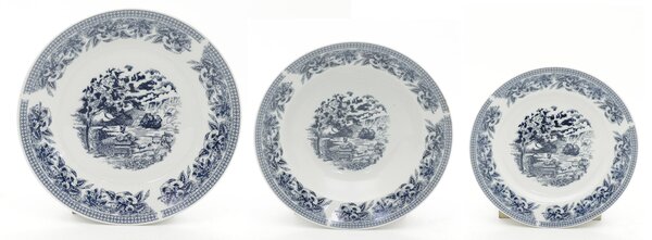 Servizio Piatti 18 Pezzi in Porcellana con Decori Collection Old England Bianco/Blu