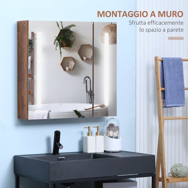 Kleankin Mobiletto Bagno con Specchio e Luci LED Regolabili, 2 Ante e Mensola Regolabile, Design a parete, 70x15x65cm, Marrone|Aosom Italy