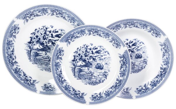 Servizio Piatti 18 Pezzi in Porcellana con Decori Collection Old England Bianco/Blu
