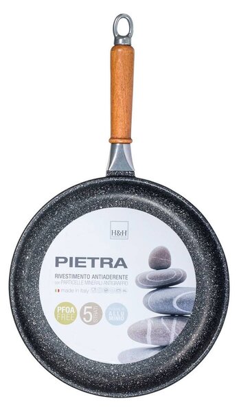 H&H Padella Bassa Antiaderente Pietra Manico In Legno Cm28