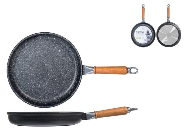 H&H Padella Bassa Antiaderente Pietra Manico In Legno Cm28