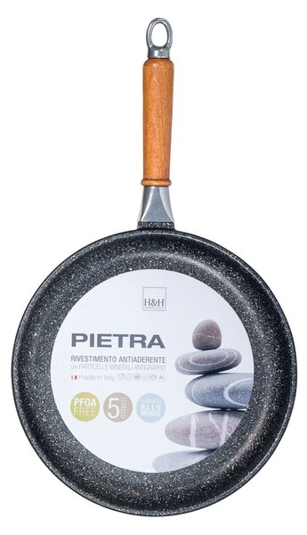 H&H Padella Bassa Antiaderente Pietra Manico In Legno Cm28