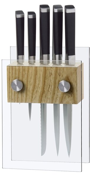 Ceppo in Vetro Temprato e Legno con 5 Coltelli Marte Alexander Crystal Zaffiro