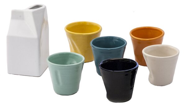 Set 6 Tazzine da caffè Accartocciati Multicolor con Lattiera Bianca in Gres Kaleidos