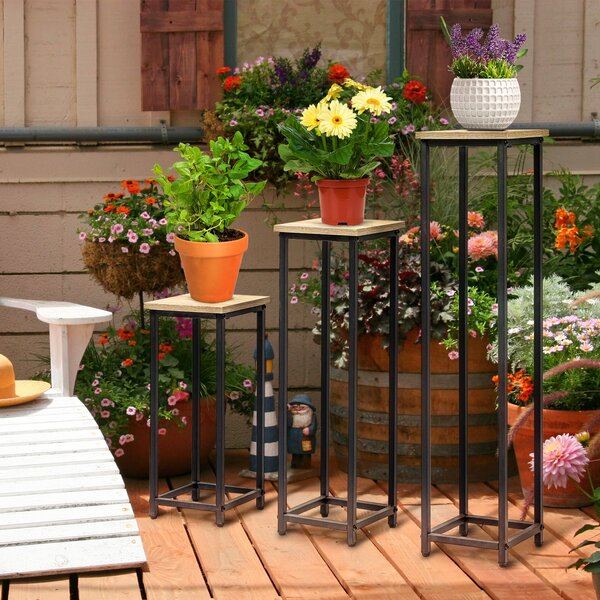 Outsunny Set di 3 supporti porta vasi da fiori impilabili quadrati - 21 x 21 x 50/70/90 cm - acciaio