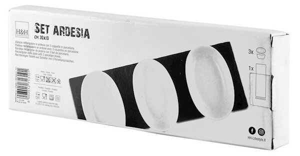 Vassoio rettangolare in ardesia cm 30x10 con coppette ovali in porcellana bianca