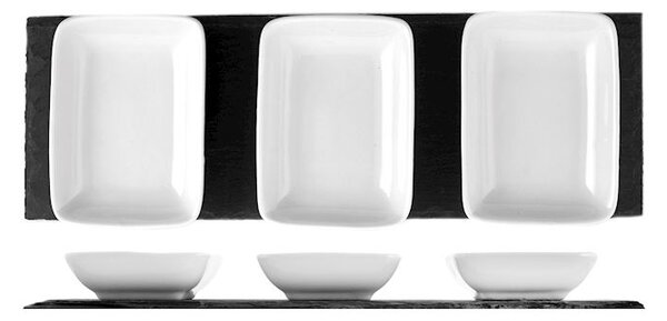 Vassoio rettangolare in ardesia cm 30x10 con coppette quadre in porcellana bianca