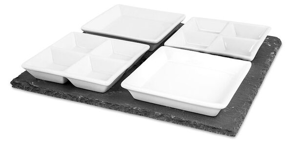 Vassoio quadro in ardesia cm 30x30 con 4 coppette in porcellana bianca
