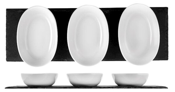 Vassoio rettangolare in ardesia cm 30x10 con coppette ovali in porcellana bianca