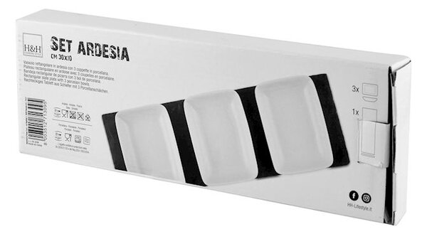 Vassoio rettangolare in ardesia cm 30x10 con coppette quadre in porcellana bianca