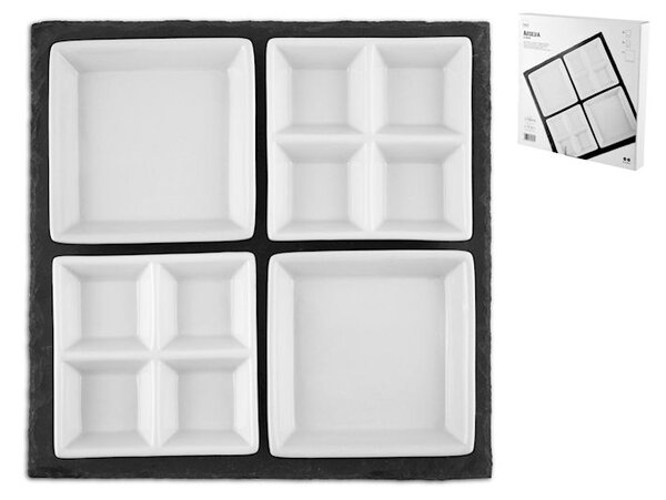 Vassoio quadro in ardesia cm 30x30 con 4 coppette in porcellana bianca