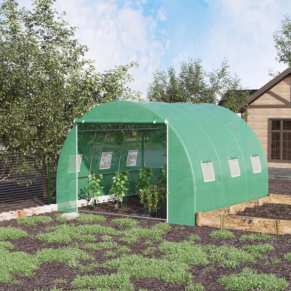 Outsunny Serra da giardino 9 m² serra a tunnel da giardino 3 x 3 x 2 m con porta rullo e 6 finestre in rete in acciaio PE verde