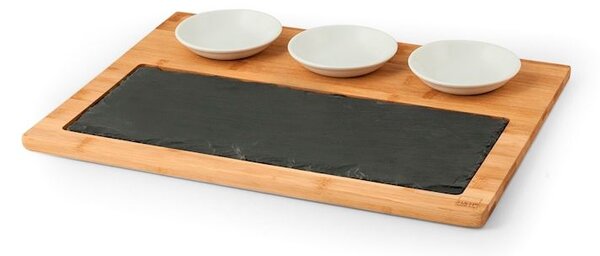 Tagliere 5 pezzi in ardesia e bamboo cm 30x40 con coppette tonde in porcellana bianca