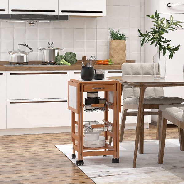 Carrello da Cucina Servizio Ausiliare in Legno e Metallo Cromato con 6 Ruote e Cassetto