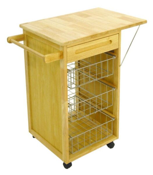 Carrello da Cucina in Legno della Gomma 3 Cestelli e Cassetto con Ribaltina 77,5x47H81cm
