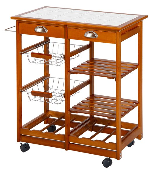 Carrello da Cucina Multiuso in Legno di Pino con 4 Ruote e Cassetti Marrone Chiaro 74x37x75 cm
