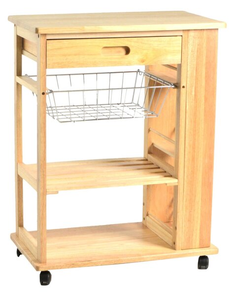 Carrello da Cucina in Legno della Gomma 2 Piani Cestello e Cassetto 65x37,5H84cm