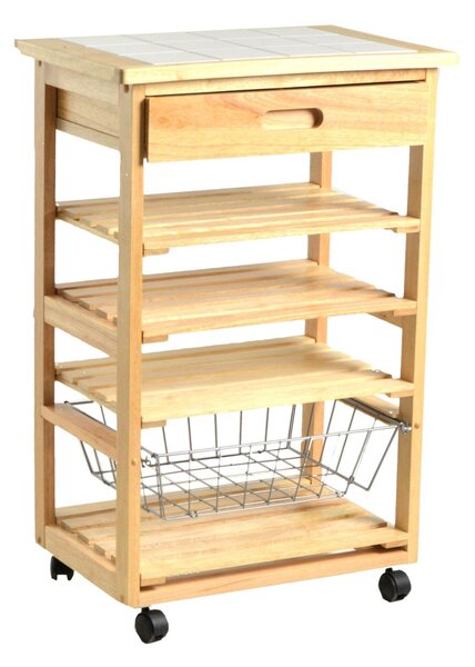 Carrello da Cucina in Legno della Gomma 3 Piani Cestello e Cassetto 63,5x44H91cm
