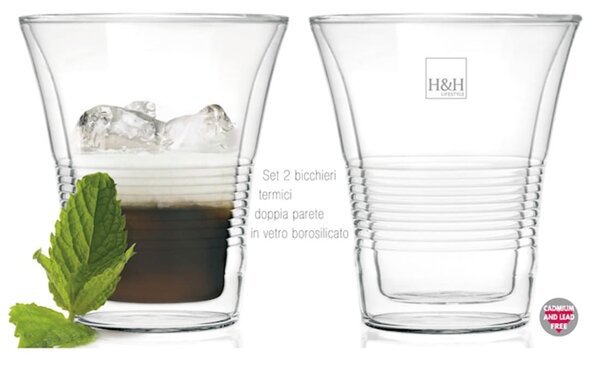 Confezione 2 bicchieri 2Touch in vetro borosilicato trasparente con doppia parete cl 33