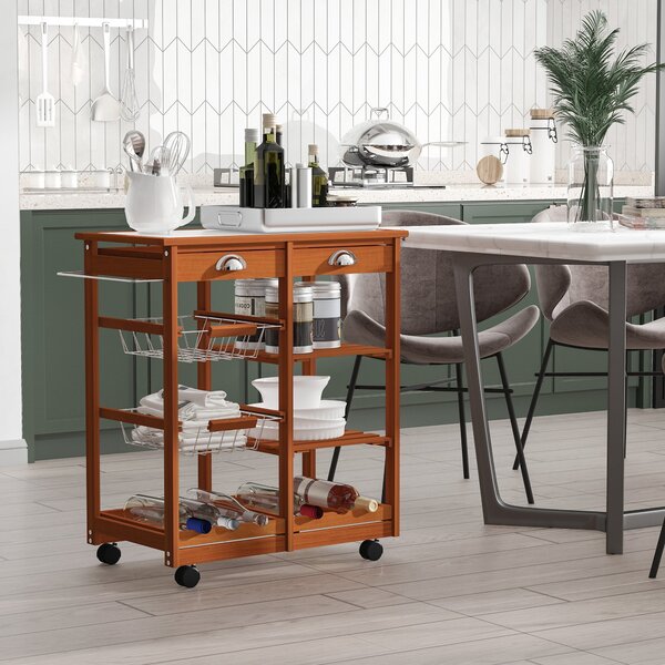 Carrello da Cucina Multiuso in Legno di Pino con 4 Ruote e Cassetti Marrone Chiaro 74x37x75 cm